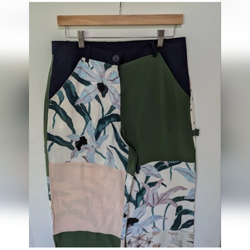 Tory Burch 100% Silk Floral Wide-Leg Cargo Patchwork Trousers Pants Size 6 - Picture 3 of 16